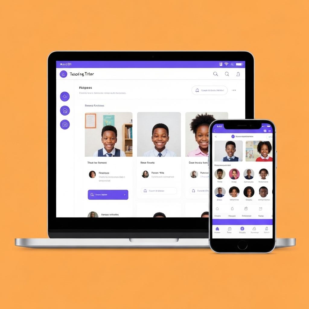 Edustash tutoring platform dashboard showing modern interface on laptop and mobile devices with African students